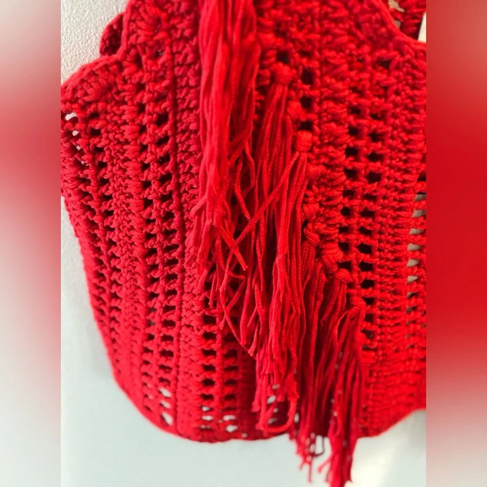 Zara Red Crochet Fringe Knit Sleeveless Crop Top M Weatern Festival Boho NEW - Picture 9 of 12